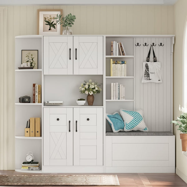 English Elm Multifunctional Modular Hall Tree Cabinet with Open Shelves and Hooks for Entryway White W1580S00519