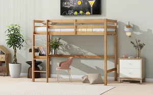 English Elm Twin High Loft Bed with Built-In Desk and Ladder — Space-Saving Rubberwood Study & Sleep Solution White Oak W504P206980