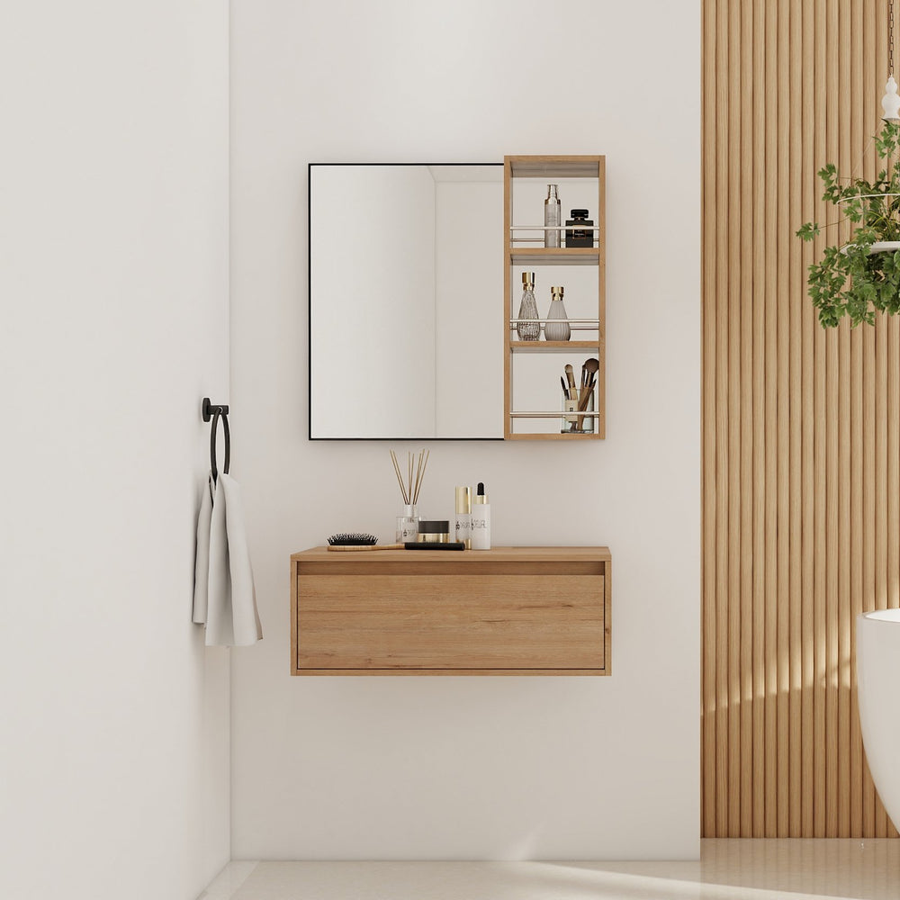 English Elm 30'' Wall Mounted Vanity Mirror Cabinet Black Aluminum Frame Open Shelf Bathroom W999S00537