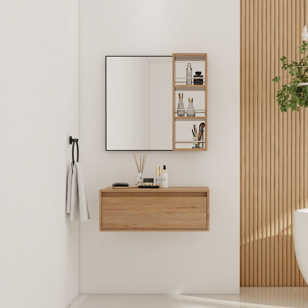 English Elm 30'' Wall Mounted Vanity Mirror Cabinet Black Aluminum Frame Open Shelf Bathroom W999S00537