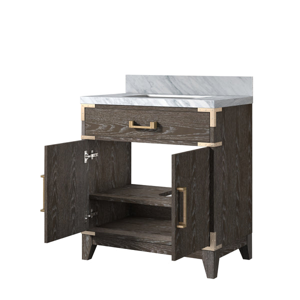 English Elm Brown Oak Single Bath Vanity With Premium Carrara Marble Top - Elegant Storage & Soft-Close Doors B2731P259749