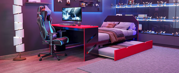 English Elm Full Size Wood Daybed with Twin Trundle Desk and Usb Charging for Teen Rooms Red LT000262AAR