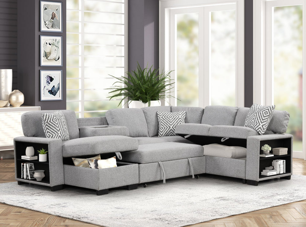 English Elm Cairo Modern Gray Sectional With Pullout Sleeper, Storage Chaise, Usb Ports & Bookcase Armrests B009S01660