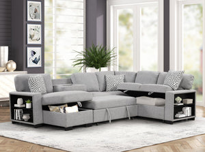 English Elm Cairo Modern Sectional Sofa With Pullout Sleeper, Storage, Usb Ports & Bookcase Armrests In Gray B009S01663
