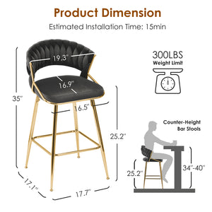 English Elm Counter Height Stools Set of 2 Mid-century Metal Legs Ergonomic Kitchen Island Seating Black T3623P430871