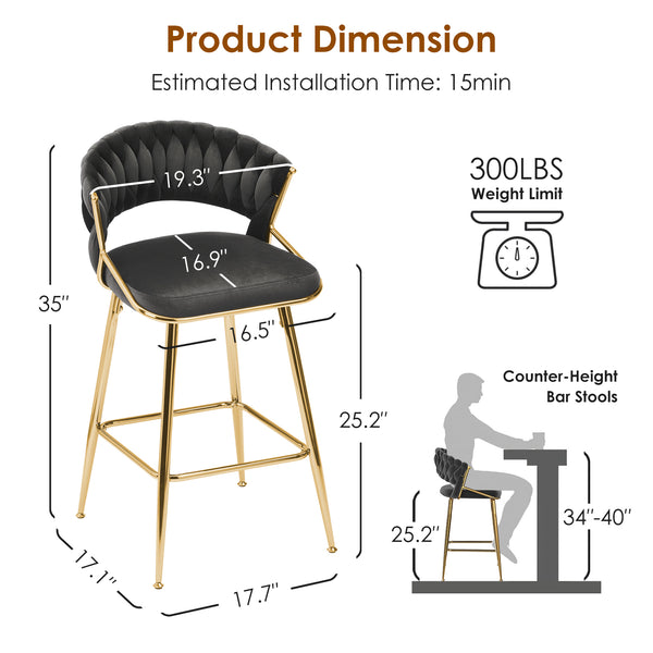 English Elm Counter Height Stools Set of 2 Mid-century Metal Legs Ergonomic Kitchen Island Seating Black T3623P430871