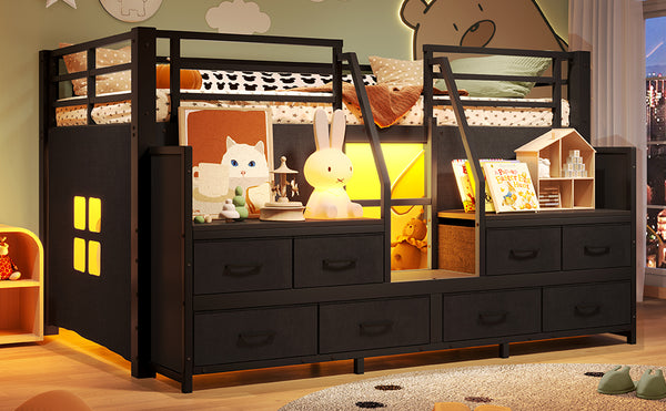English Elm Twin Low Loft Bed with Shelves Fabric Drawers and Under Bed Study Nook Metal Frame Black W5305S00043