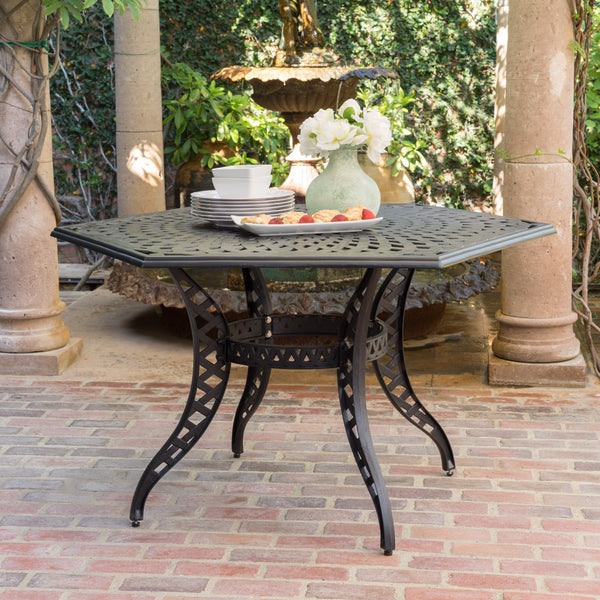 English Elm Christopher Knight Home® - CAYMAN Arch II Mesh Hex Table in Black Aluminum, Antique Finish, Seats 6 with Umbrella Hole for Patio 61145.00