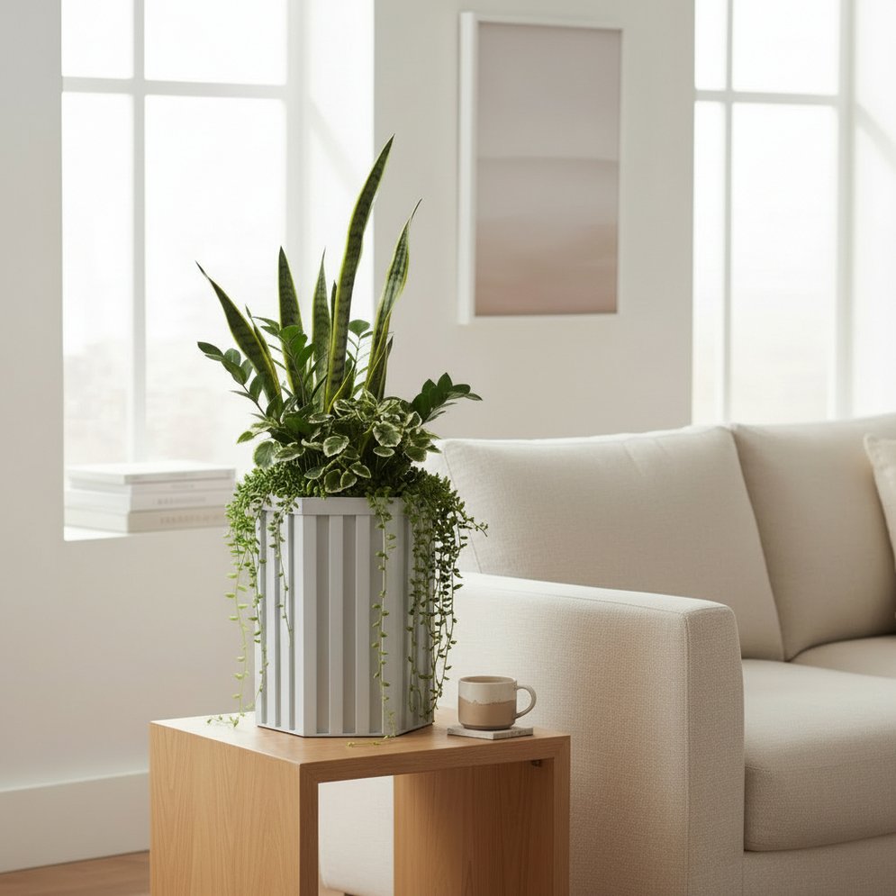 English Elm Hexagon Column Aluminum Planter Geometric Outdoor Pot with Wood Tone Powder Coat Finish White B2755P462185