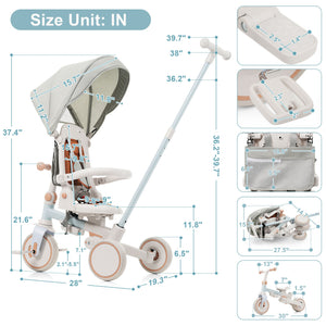 English Elm 7 in 1 Convertible Toddler Trike Aluminum Foldable Push Bike with Canopy for Ages 1 to 6 Blue N726P248345C