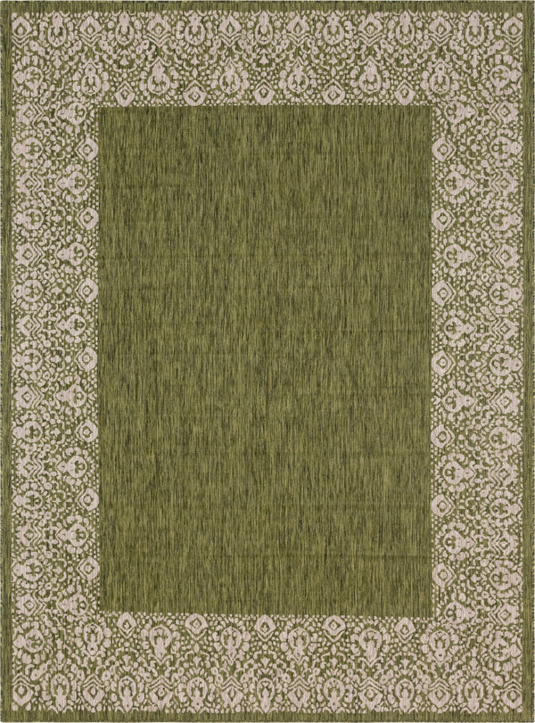 Unique Loom Outdoor Border Floral Border Machine Made Floral Rug Green, Ivory/Gray 9' 0" x 12' 0"