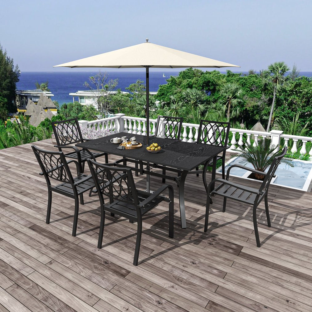 English Elm 7-piece Outdoor Steel Dining Set with Wood-grain Table Umbrella Hole and Slat Chairs W3979S00052