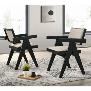 English Elm Set Of 2 Dining Arm Chairs - Beige Upholstered Seats, Sleek Black Frame, Modern Comfort & Style B016P392173-GIGA
