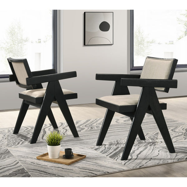English Elm Set Of 2 Dining Arm Chairs - Beige Upholstered Seats, Sleek Black Frame, Modern Comfort & Style B016P392173-GIGA