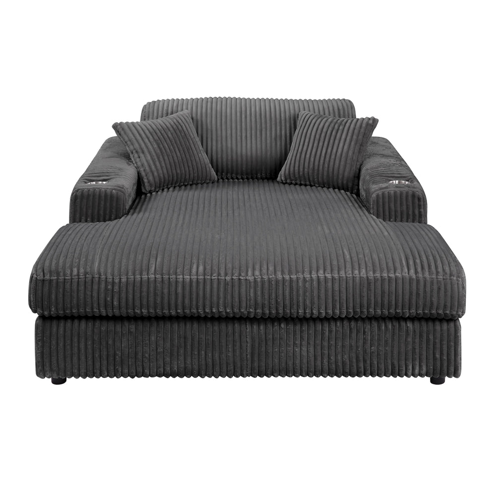 English Elm Hilde Gray Corduroy Chaise with 2 Pillows — Dark Gray Foam D28/D33, Pocket Coil Seat, Cup Holder, Removable Covers B2726P256671