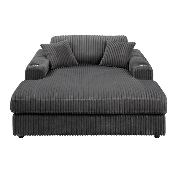 English Elm Hilde Gray Corduroy Chaise with 2 Pillows — Dark Gray Foam D28/D33, Pocket Coil Seat, Cup Holder, Removable Covers B2726P256671