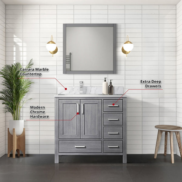 English Elm Distressed Grey Bath Vanity Set With Left Offset Carrara Marble Top, Faucet & Matching Mirror B2731S01264