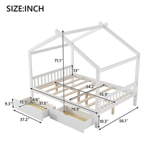 English Elm Full House Platform Bed with Roof Design and Two Drawers, Pine/MDF Durable Frame, Kid-Friendly Cozy Finish White WF292923AAK