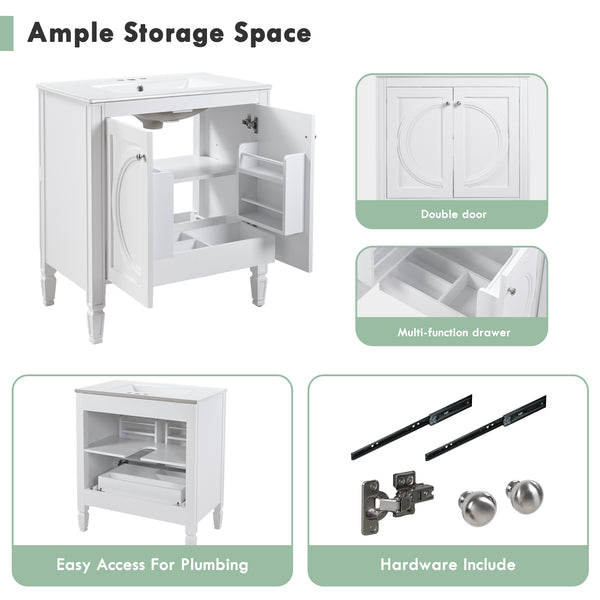 English Elm 30" Vintage White Bathroom Vanity with Ceramic Sink, No Assembly, Soft-Close Doors & Spacious Storage W2896P318470