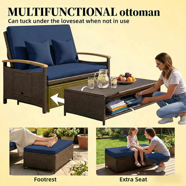 English Elm 4-in-1 Wicker Outdoor Daybed with Acacia Armrests Reclining Loveseat and Storage Ottoman Navy Blue T3971P484859