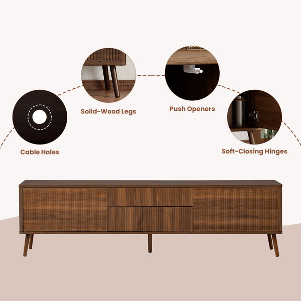 English Elm 70 Inch Fluted Entertainment Center Walnut Finish Solid Wood Legs Soft Close Storage N710P372539P
