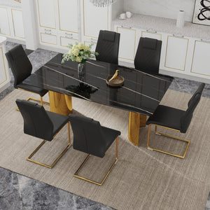 English Elm Table Modern Dining Set With Glass Top, Imitation Marble Finish, 6 Black Pu Chairs & Gold Legs W1151S04328-GIGA