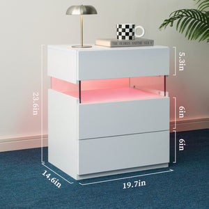 English Elm Led Nightstand with Rgb Acrylic Glow Panel Three Drawers Walnut Bedroom Table White W2178P412300