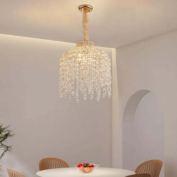 English Elm 16 5-Light Crystal Pendant Chandelier Gold Finish, Waterfall Grape Bead Design, Adjustable 80cm Height for Living Room W2312P368719