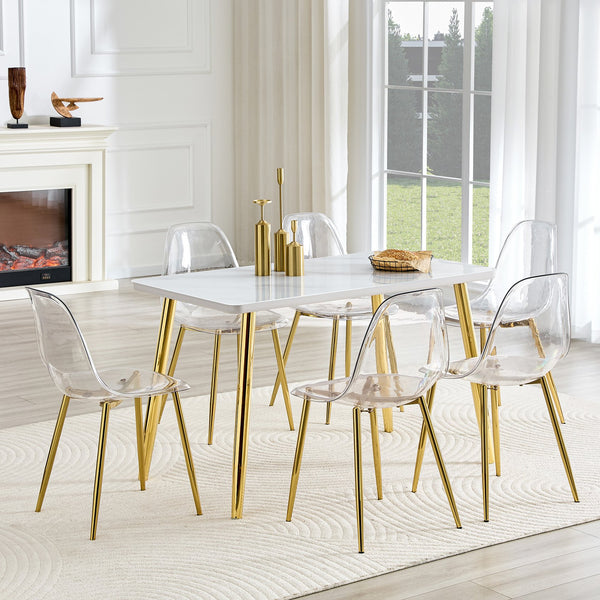 English Elm Table and Chair Set Marble Effect Glass Top Gold Legs Acrylic Seating for Six Transparent,White+Gold W1151S04639