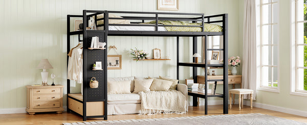 English Elm Full Size Pine Loft Bed House Frame with Slide Bookshelves and Moon Star Rails W1580S00590
