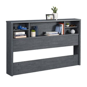 English Elm Full/Queen Denim+Brown Bookcase Headboard with Adjustable Shelves, Spacious Top Shelf, Easy Assembly B356P354479