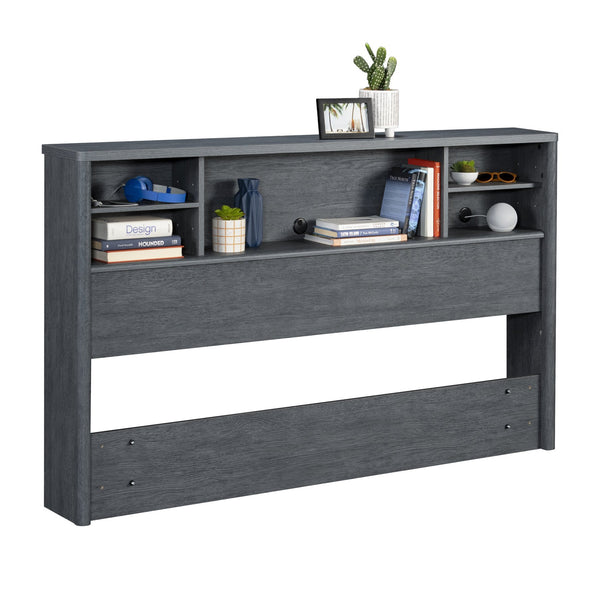 English Elm Full/Queen Denim+Brown Bookcase Headboard with Adjustable Shelves, Spacious Top Shelf, Easy Assembly B356P354479