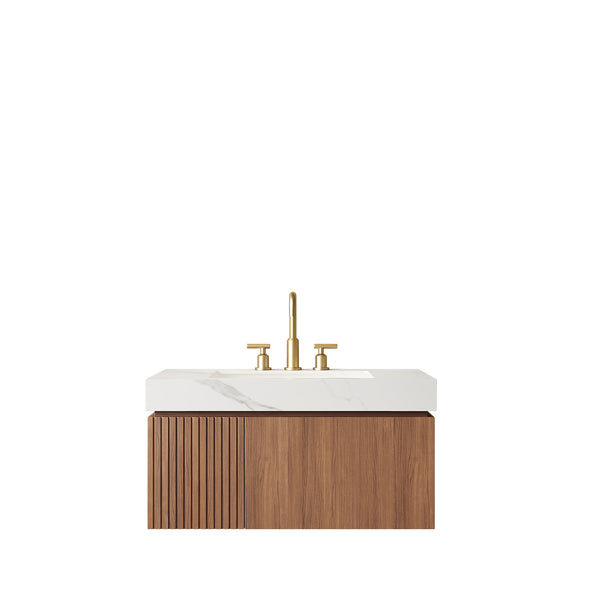 English Elm Muri Floating Bathroom Vanity Sintered Stone Top Oak Plywood Cabinet Soft Close W2615S00629