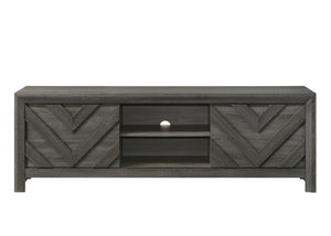 English Elm 1pc Rustic Geometric Chevron Entertainment Console TV Stand with Washed Wood Finish and Ample Storage Spaces Gray 18.39 L x 73.99 W x 28.07 H B2741P295484