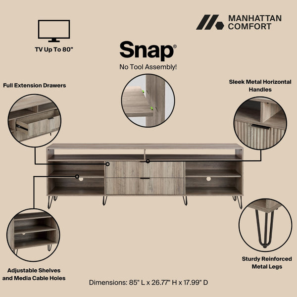 English Elm Dumbo 85" Fluted TV Stand with Gold Legs, 2 Drawers & 6 Shelves, Wire Management, Easy Snap Assembly Grey B365P397926
