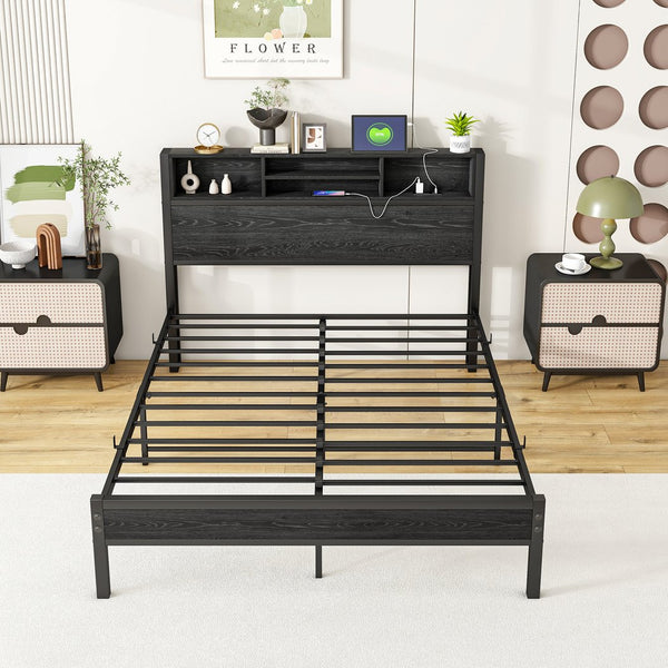 English Elm Full Size Bed Frame with Storage Headboard, Metal Platform with Charging Station, Silent, Sturdy, Black Storage Shelves and Under-Bed Space W840P241043