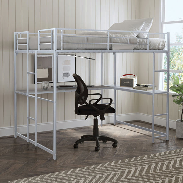 English Elm Contemporary Full Loft Bed In Silver Finish – Space-Saving Design With Dual Ladders For Versatility B2741S00306