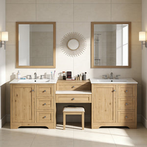 English Elm 84" Double Sink Vanity with Stone Countertop Six Soft Close Drawers and Silver Knobs Wood N817P404196B