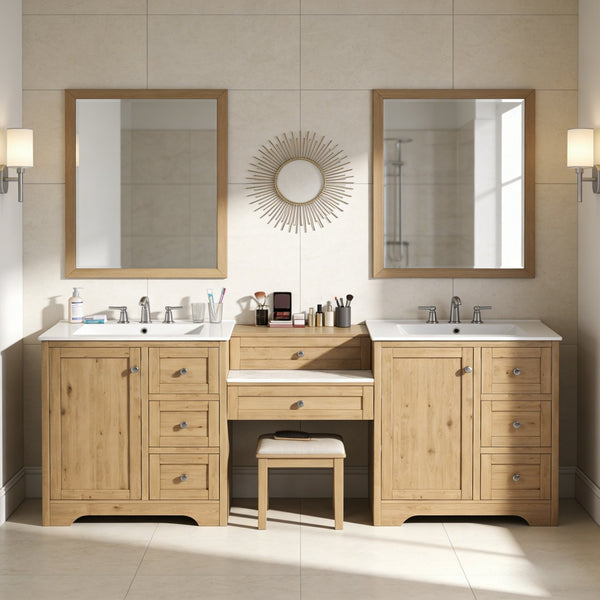 English Elm 84" Double Sink Vanity with Stone Countertop Six Soft Close Drawers and Silver Knobs Wood N817P404196B