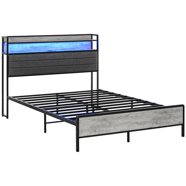 English Elm HOMCOM Full Size Bed Frame with LED RGB Headboard, Built-In Charging Station and 3-Tier Shelf Gray W2225P249915