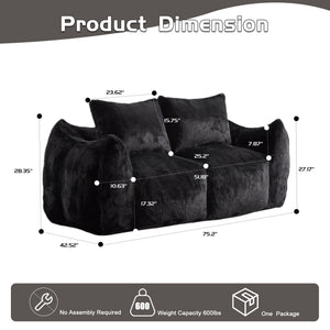English Elm Giant Ultra Soft Fluffy Loveseat Bean Bag Sofa for Adults, Oversized Shredded Foam Couch with Pillows Black W3723P353894