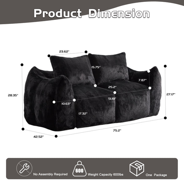English Elm Giant Ultra Soft Fluffy Loveseat Bean Bag Sofa for Adults, Oversized Shredded Foam Couch with Pillows Black W3723P353894