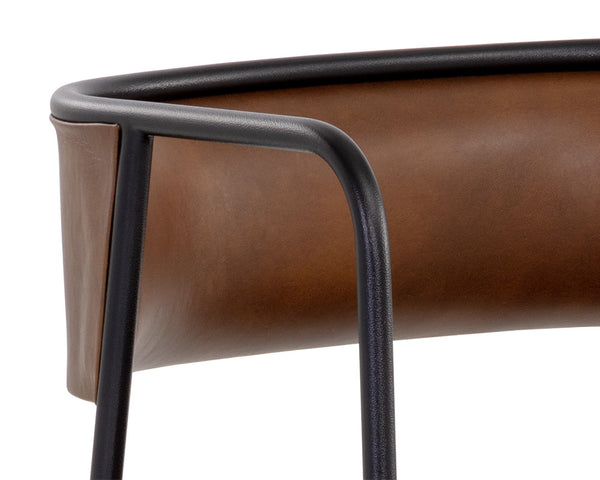 Sunpan Brenan Dining Armchair – Elegant Curved Backrest, Faux Leather Comfort, Black Metal Frame, Unique Craftsmanship Bravo Cognac
