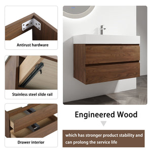 English Elm 36" Wood Grain Bathroom Vanity with Thick Resin Sink, 2 Soft-Close Drawers, KD Eco Plywood Finish W999S00201