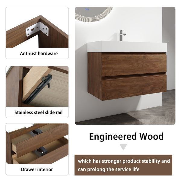 English Elm 36" Wood Grain Bathroom Vanity with Thick Resin Sink, 2 Soft-Close Drawers, KD Eco Plywood Finish W999S00201