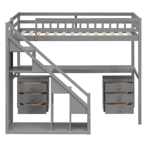 English Elm Twin Loft Bed with Staircase Desk Dual Drawers and Led Strip for Kids Rooms Gray LT000257AAE-1