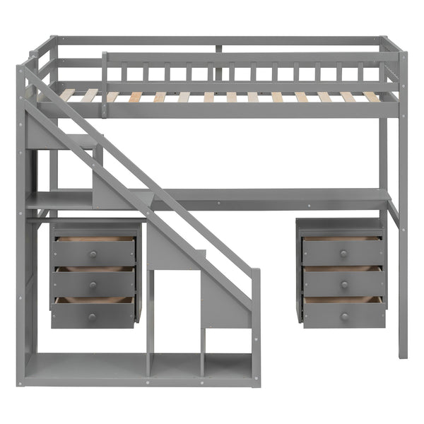 English Elm Twin Loft Bed with Staircase Desk Dual Drawers and Led Strip for Kids Rooms Gray LT000257AAE-1