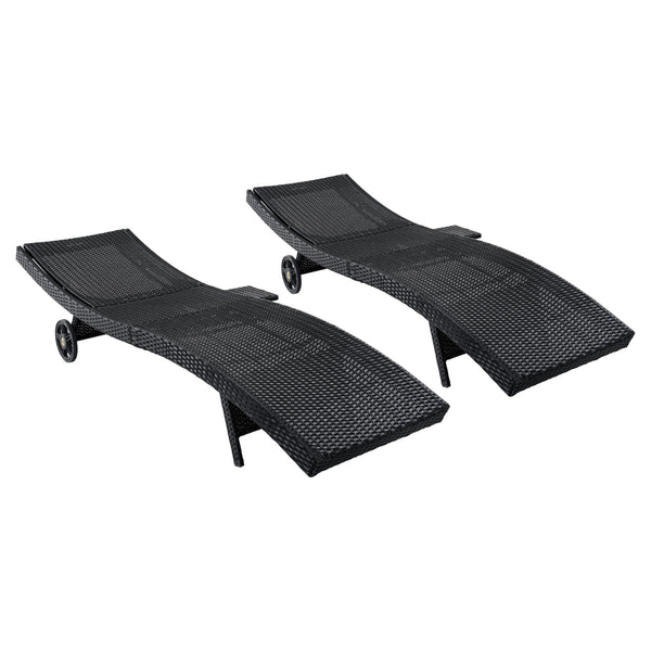 English Elm K&k Outdoor Wicker Reclining Chaise Set 2 Piece with Pull Out Tray Rolling Wheels Black N707P395515B