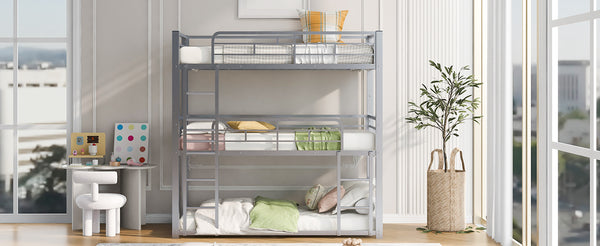 English Elm Metal Triple Bunk Bed Steel Frame Twin Three Tier Guardrails for Shared Rooms Silver GX000230AAN