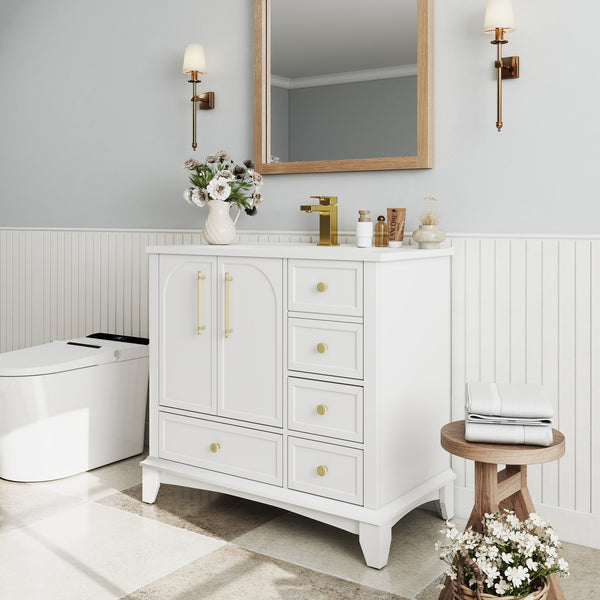 English Elm 35.6" Freestanding Bathroom Vanity with Roman Column Base and Ceramic Integrated Sink White W1801S00003